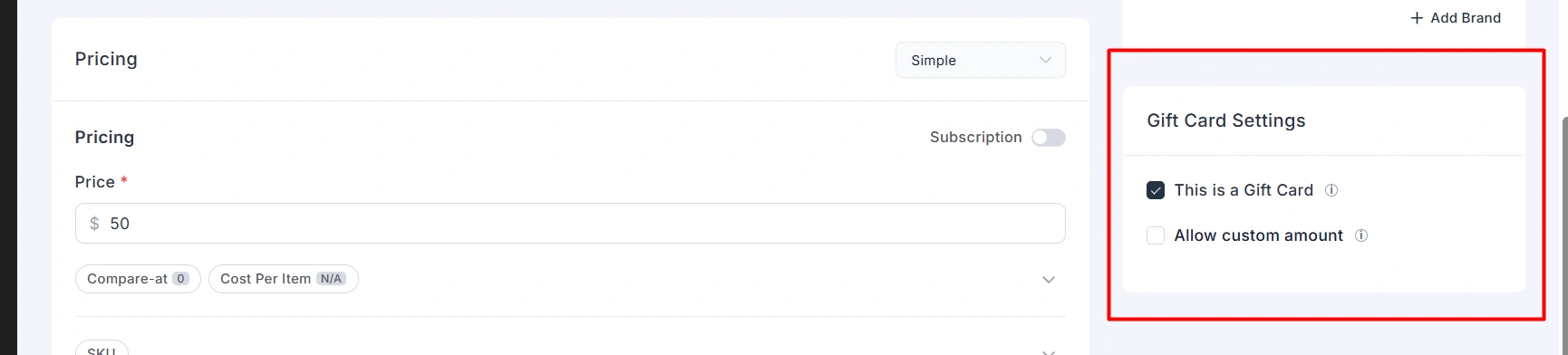 Gift Card Settings widget on the product editor: This is a Gift Card is checked. The subtitle notes that gift cards work with one-time prices, including simple variants, and that subscription and installment prices are not supported.