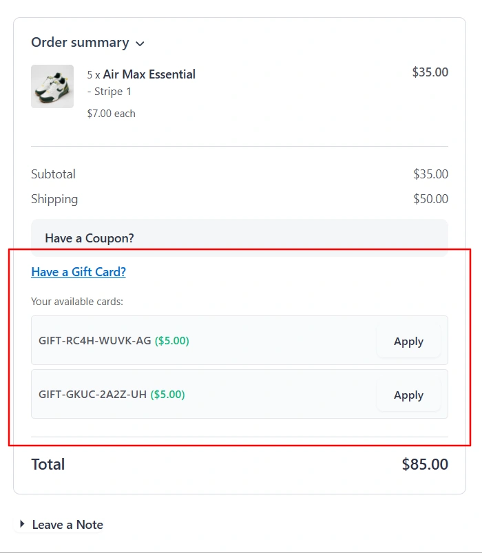 Checkout order summary with Have a Gift Card? expanded, listing available codes with balances in green and an Apply button next to each card.