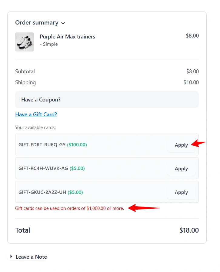 Checkout wallet listing available cards, with the notice Gift cards can be used on orders of $1,000.00 or more when the cart is under the minimum.