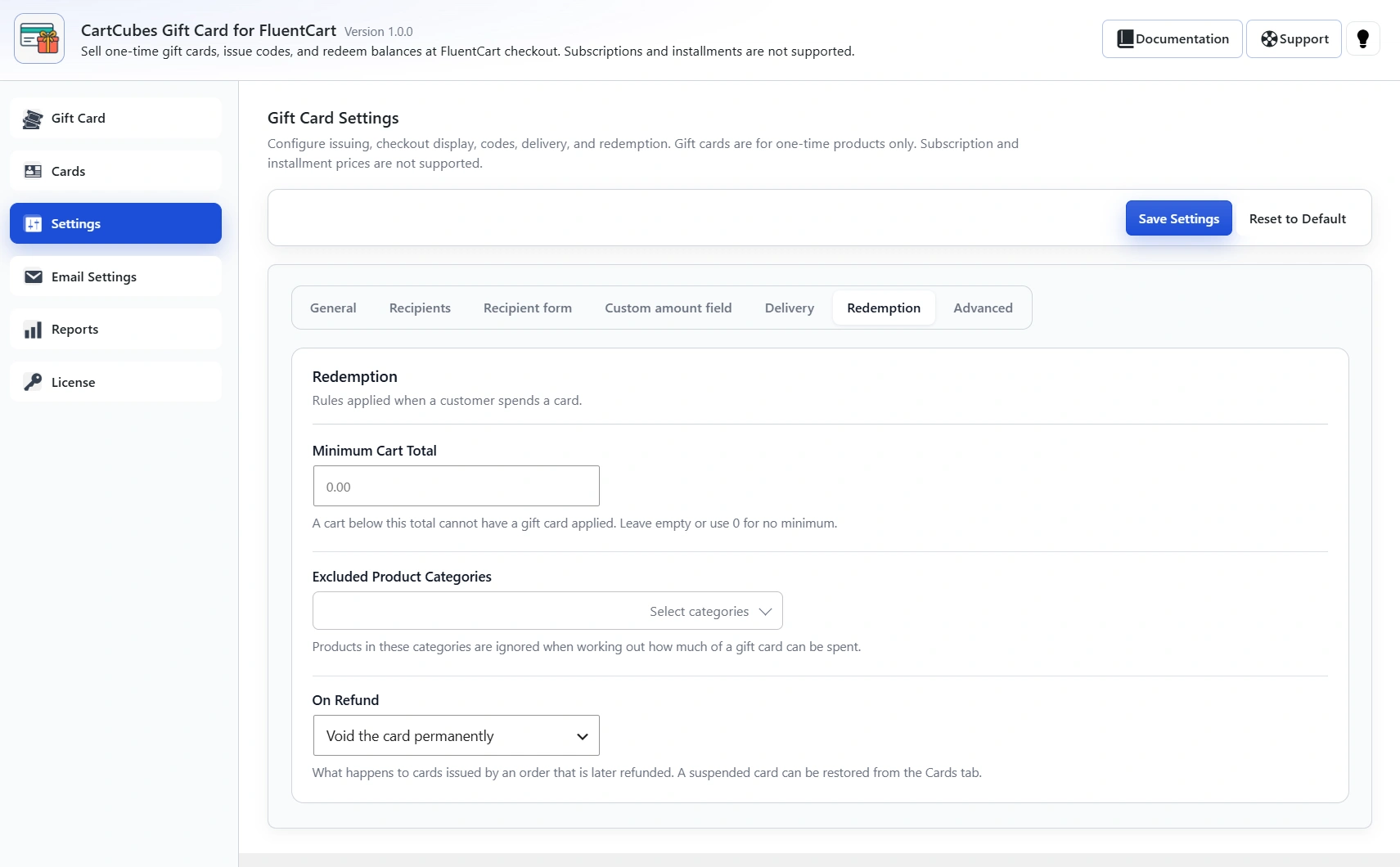 Redemption tab: Minimum Cart Total, Excluded Product Categories and On Refund (Void the card permanently, Suspend the card, keeping its balance, or Leave the card active).