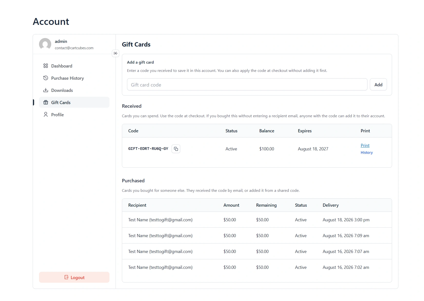 Customer dashboard Gift Cards tab: Add a gift card, a Received table (code, status, balance, expires, print and history) and a Purchased table (recipient, amount, remaining, status, delivery).