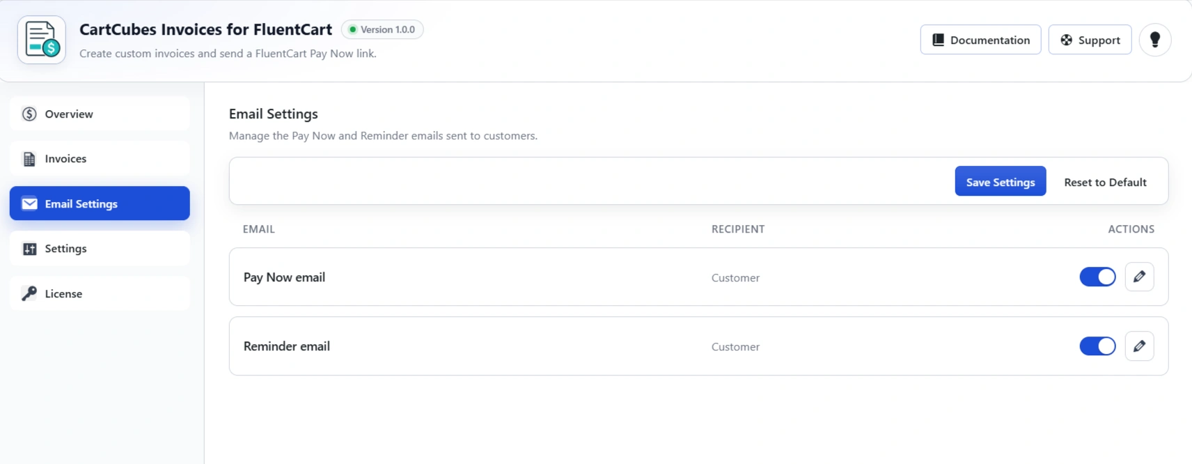 Email Settings with Pay Now and Reminder templates