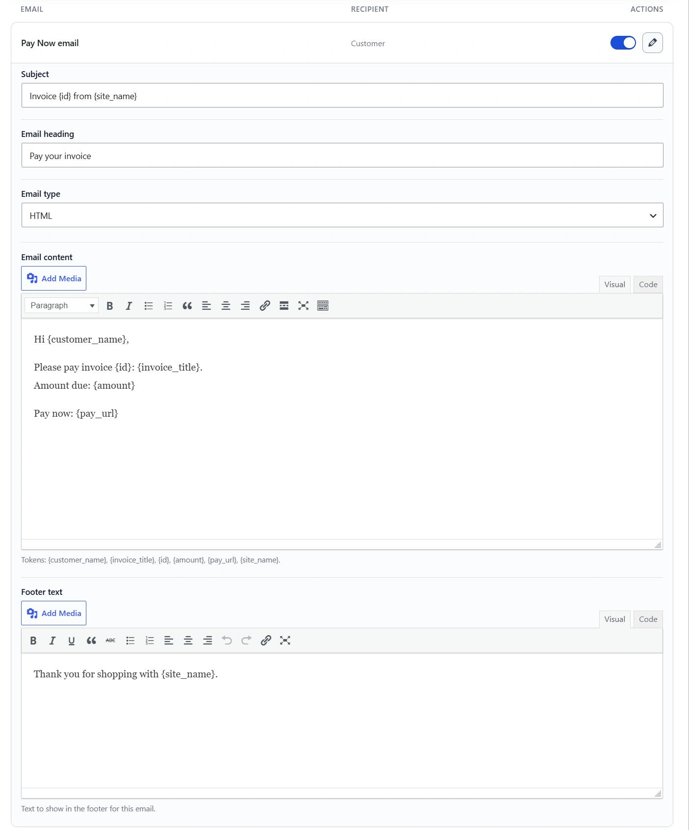 Pay Now email template editor
