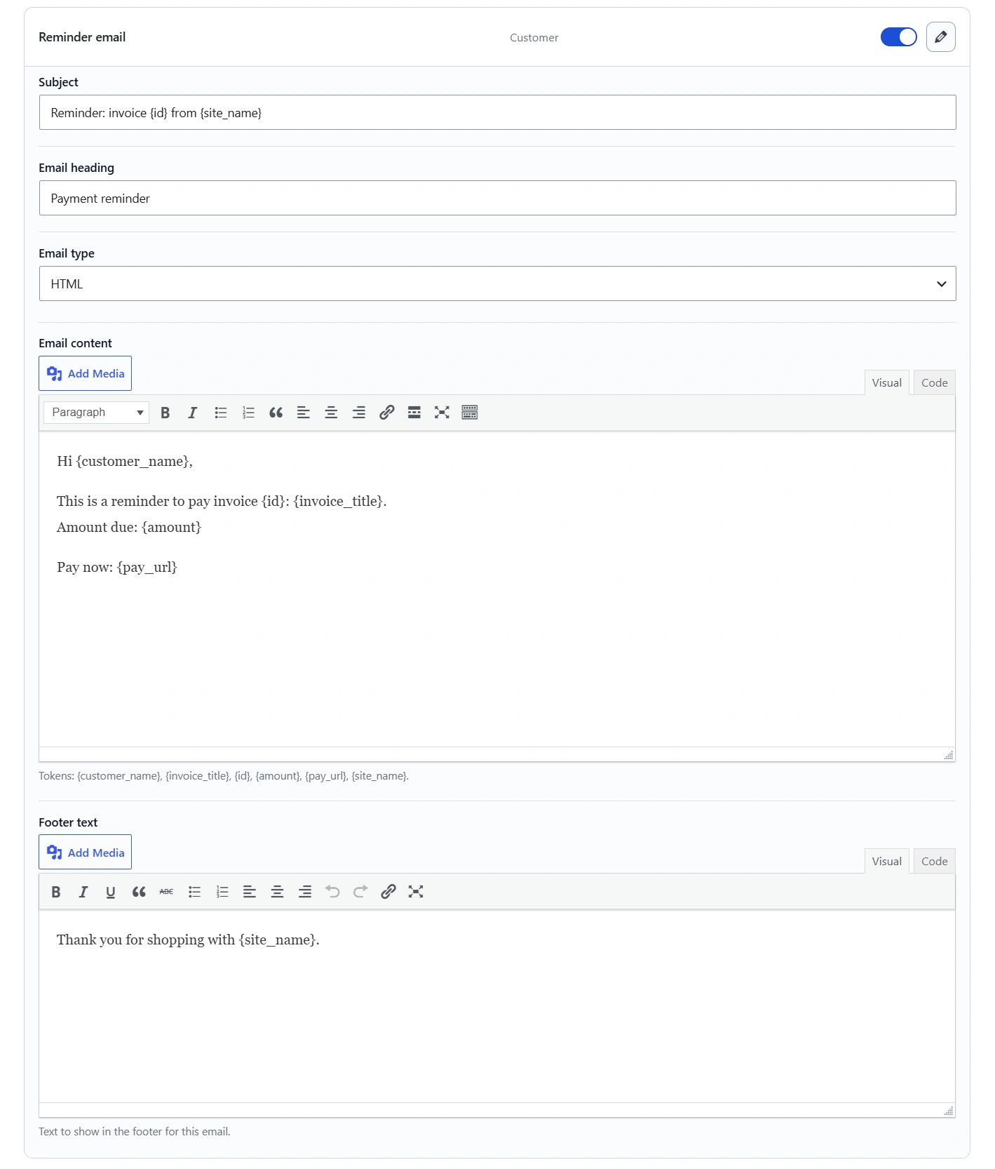 Reminder email template editor