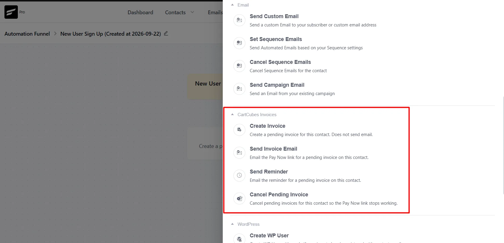 CartCubes Invoices actions in a FluentCRM automation