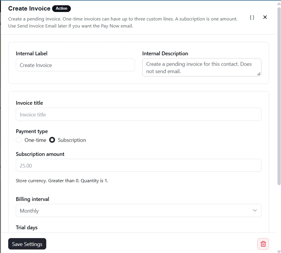 Create Invoice action set to a subscription amount