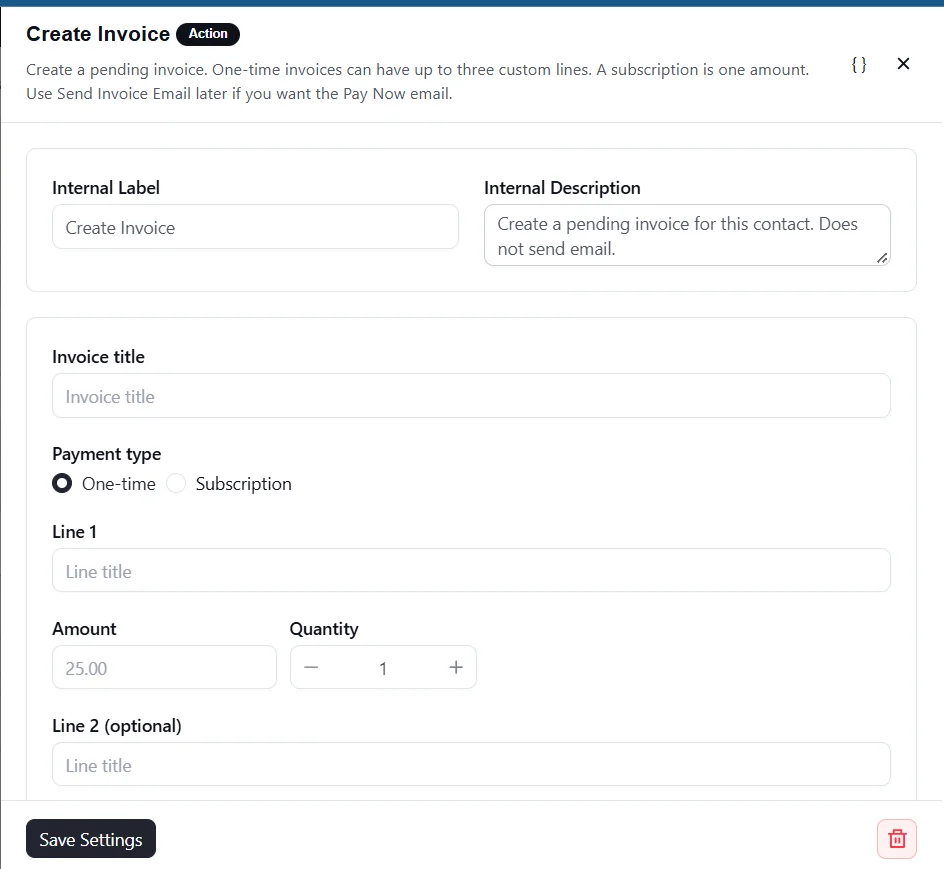 Create Invoice action with one-time lines