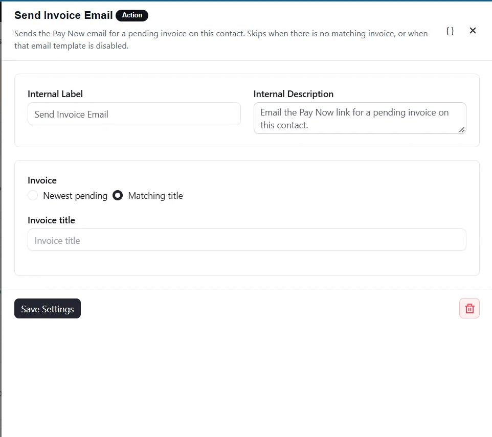 Send Invoice Email action in FluentCRM
