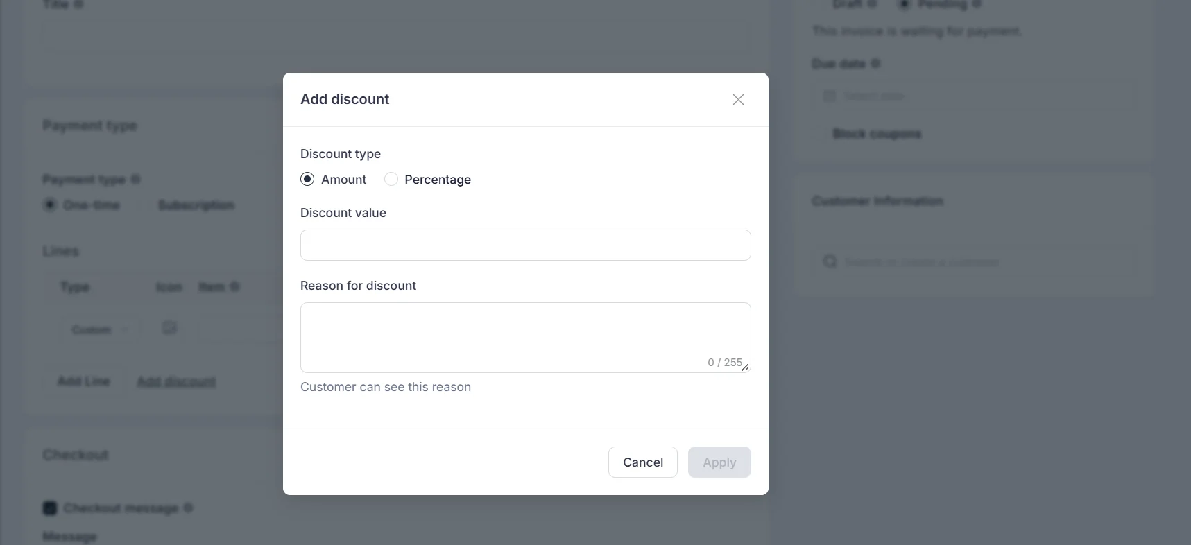 Add a discount with a type, value, and reason