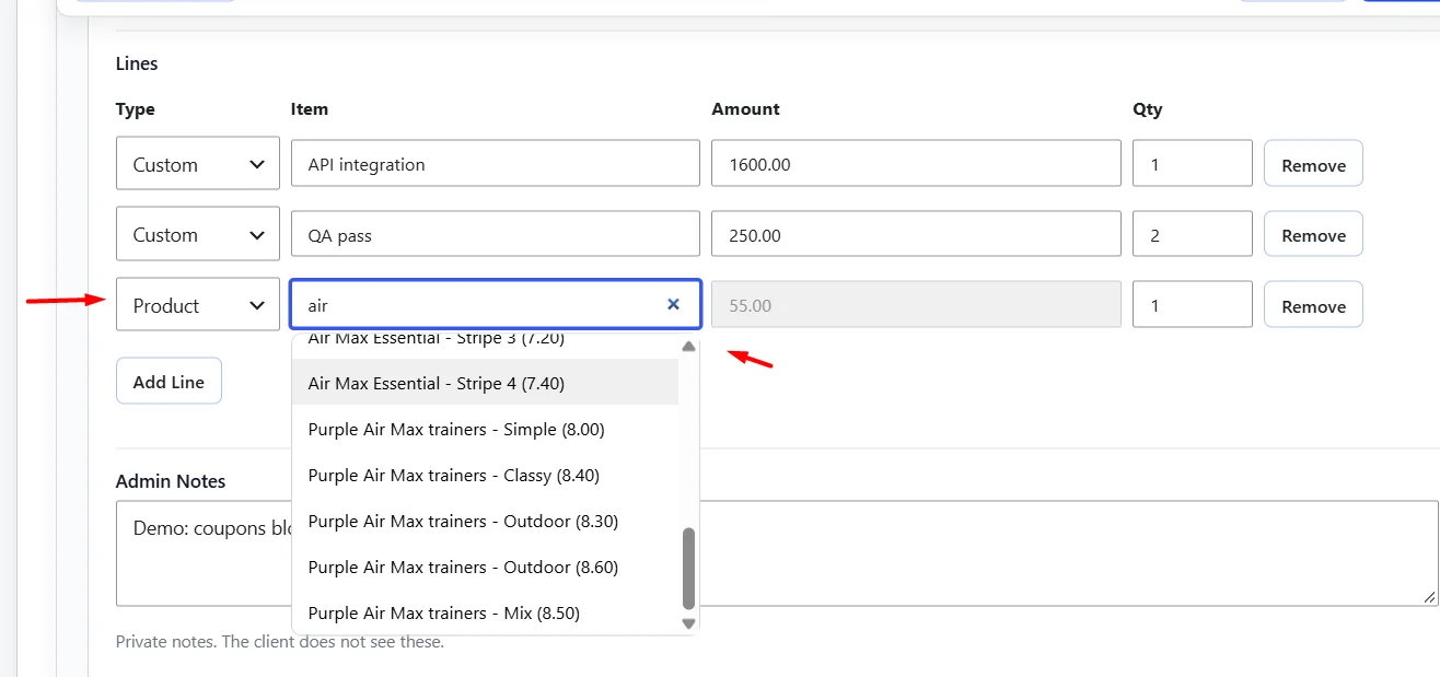 Add a store product on a one-time invoice
