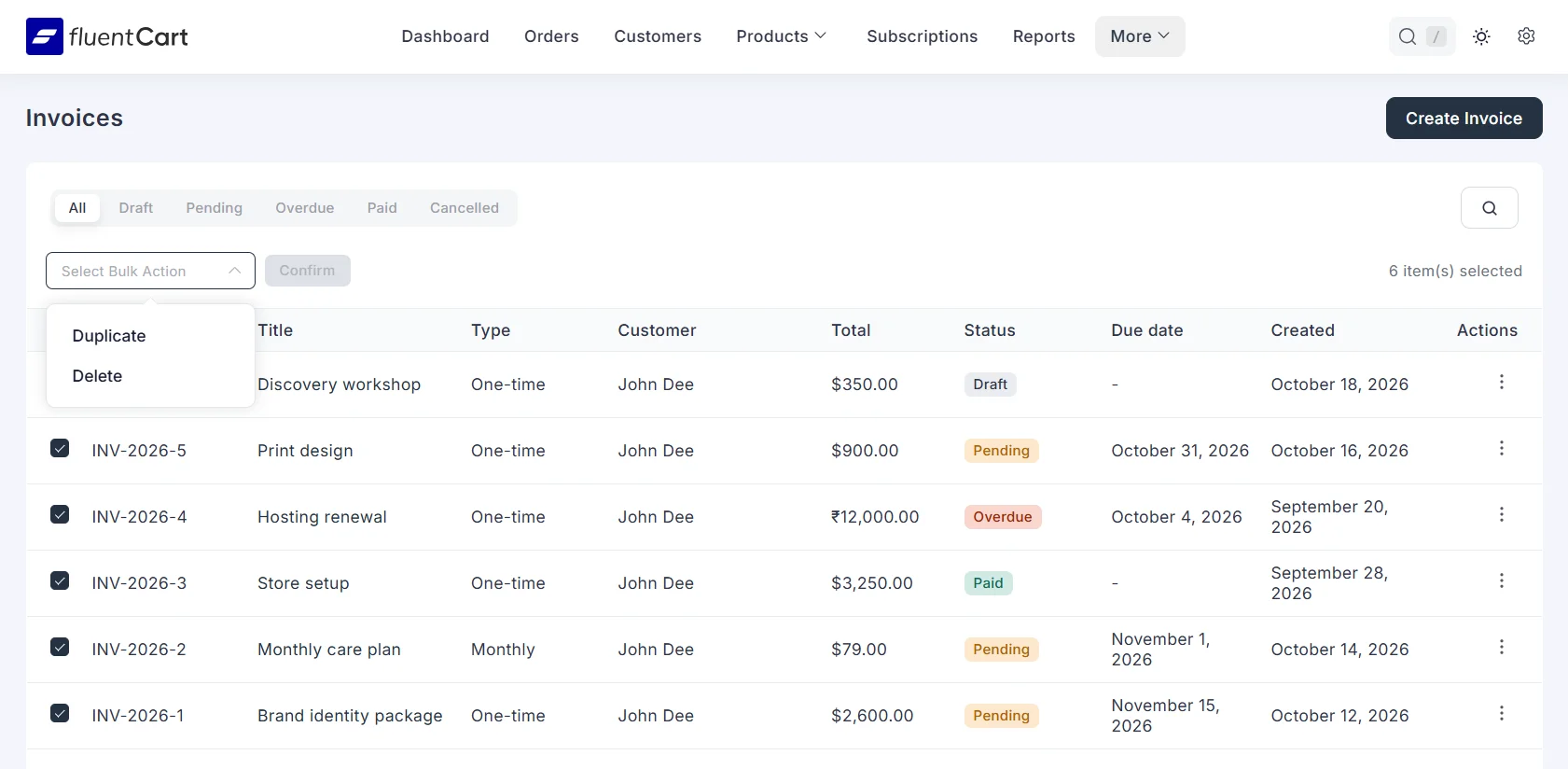 Bulk actions on the invoice list