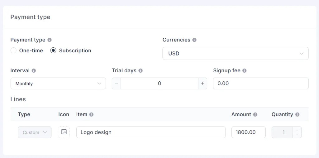 Create a subscription invoice with interval, trial days and signup fee