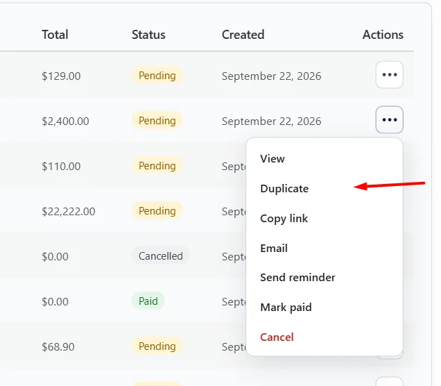 Duplicate action on an invoice