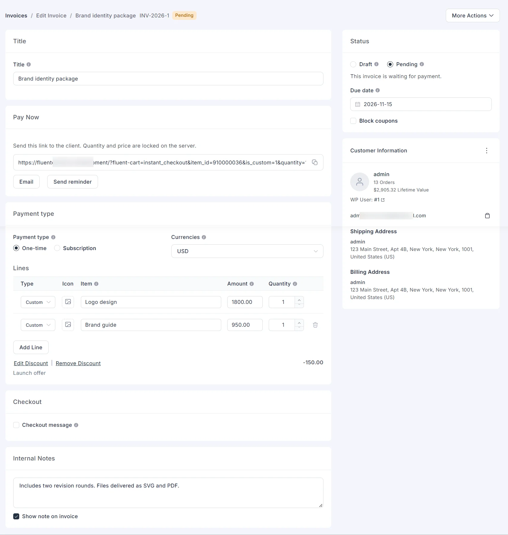 A filled invoice with lines, a discount, and a Pay Now link