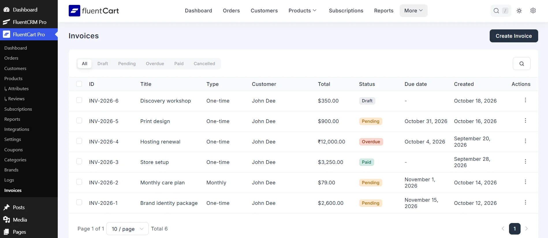 Invoices list with search, status filters and pagination