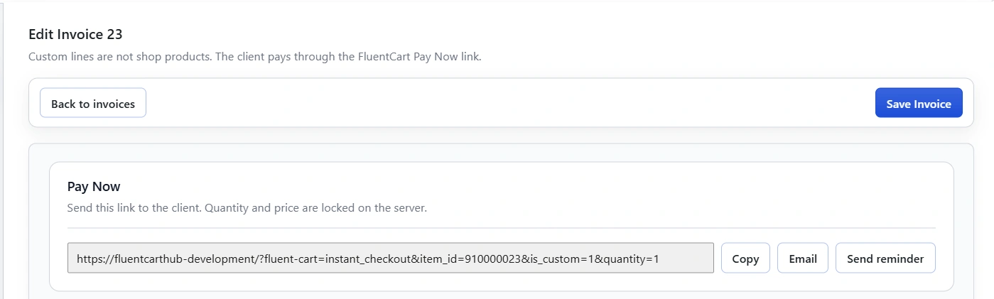 Pay Now link on the CartCubes Invoices edit screen