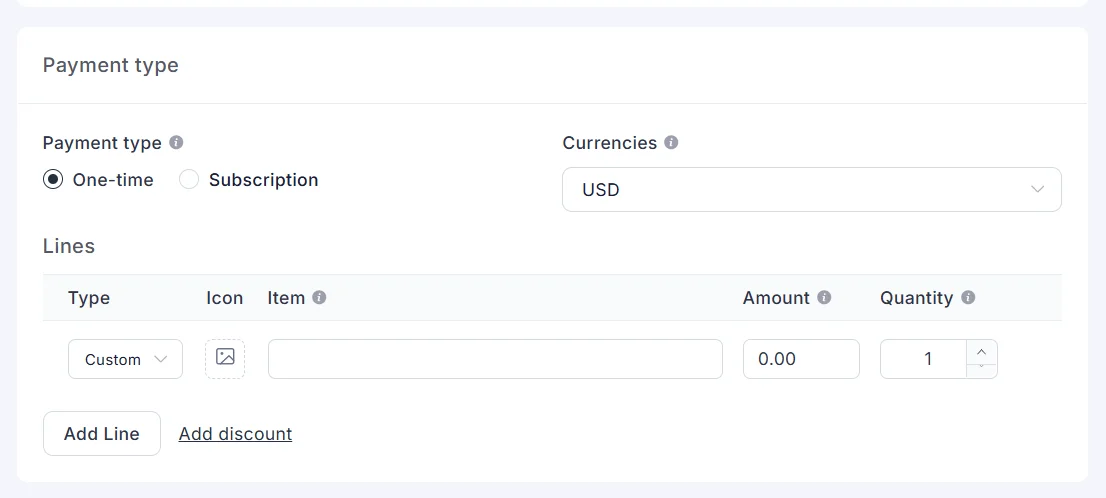 Payment type set to one-time or subscription