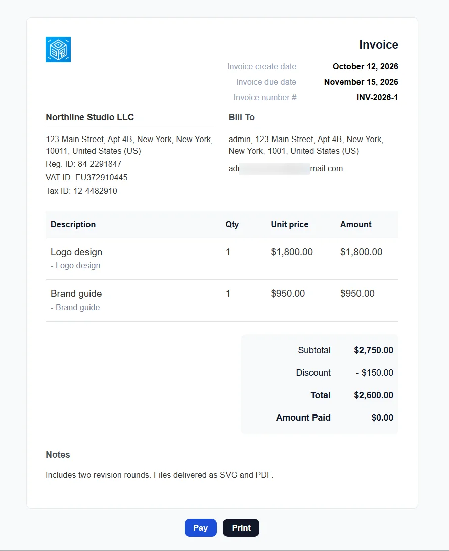 Viewed invoice with store details, dates, lines, a discount, and notes