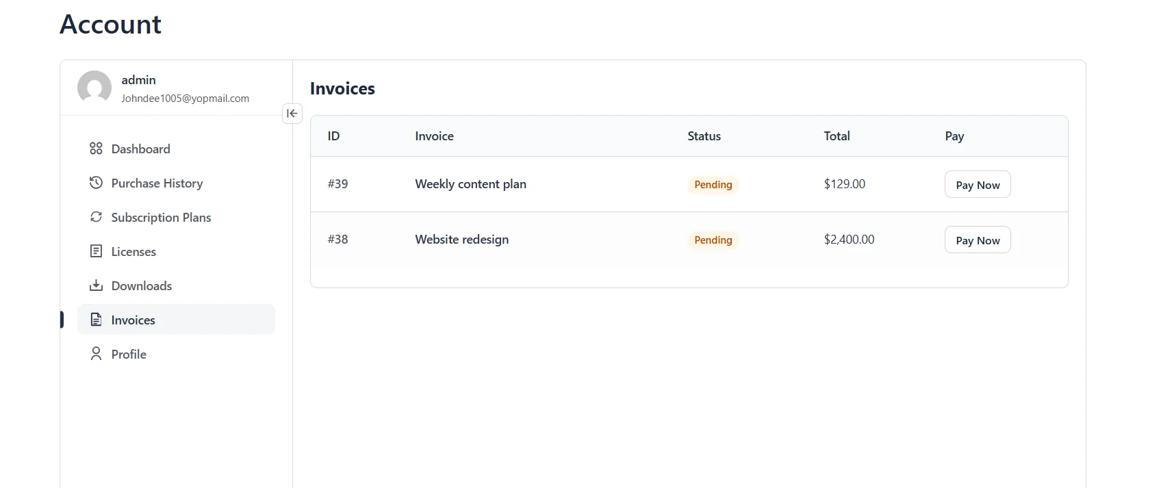 Unpaid invoices in the customer account