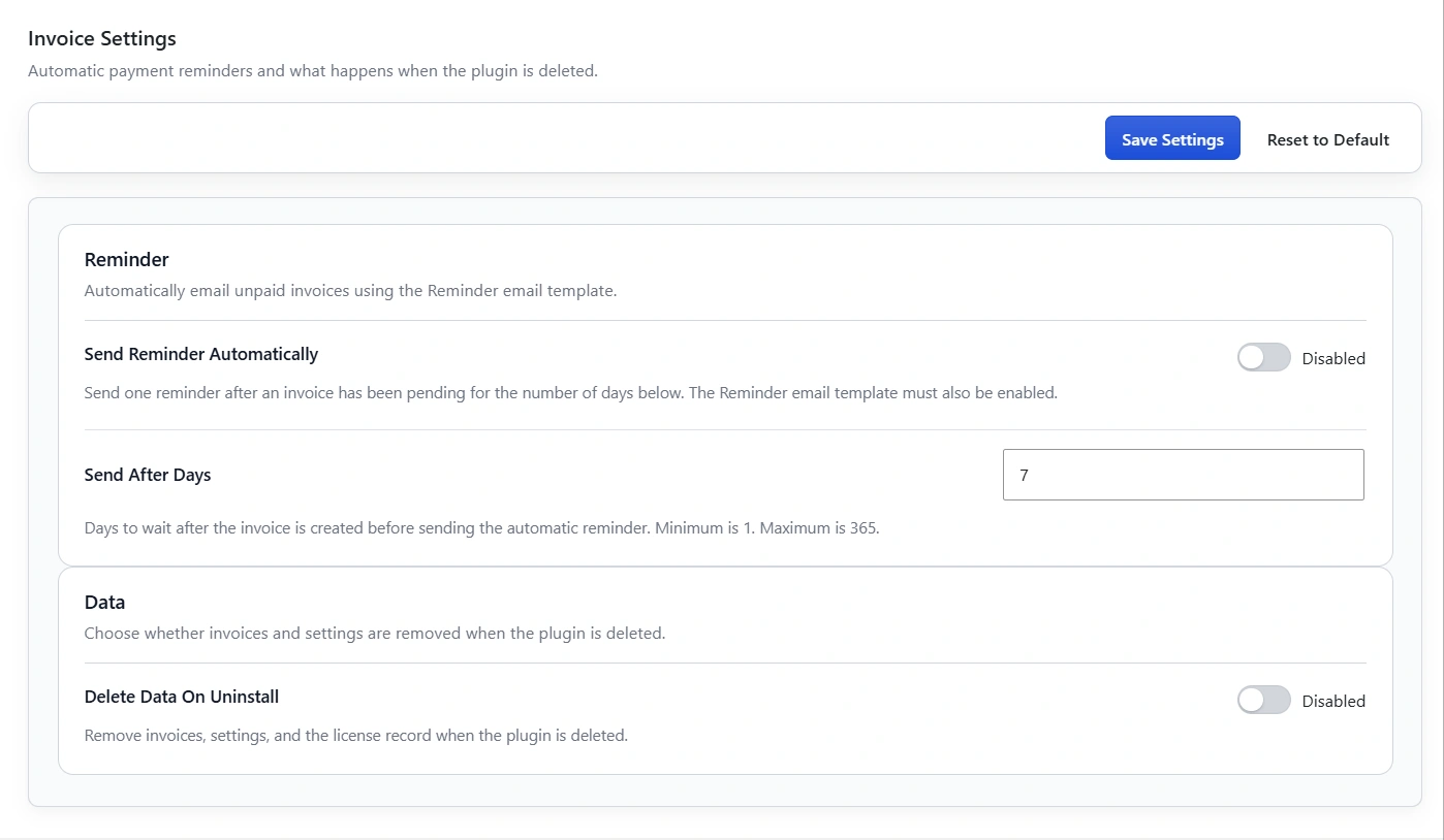 Invoice settings: automatic reminder and delete data on uninstall