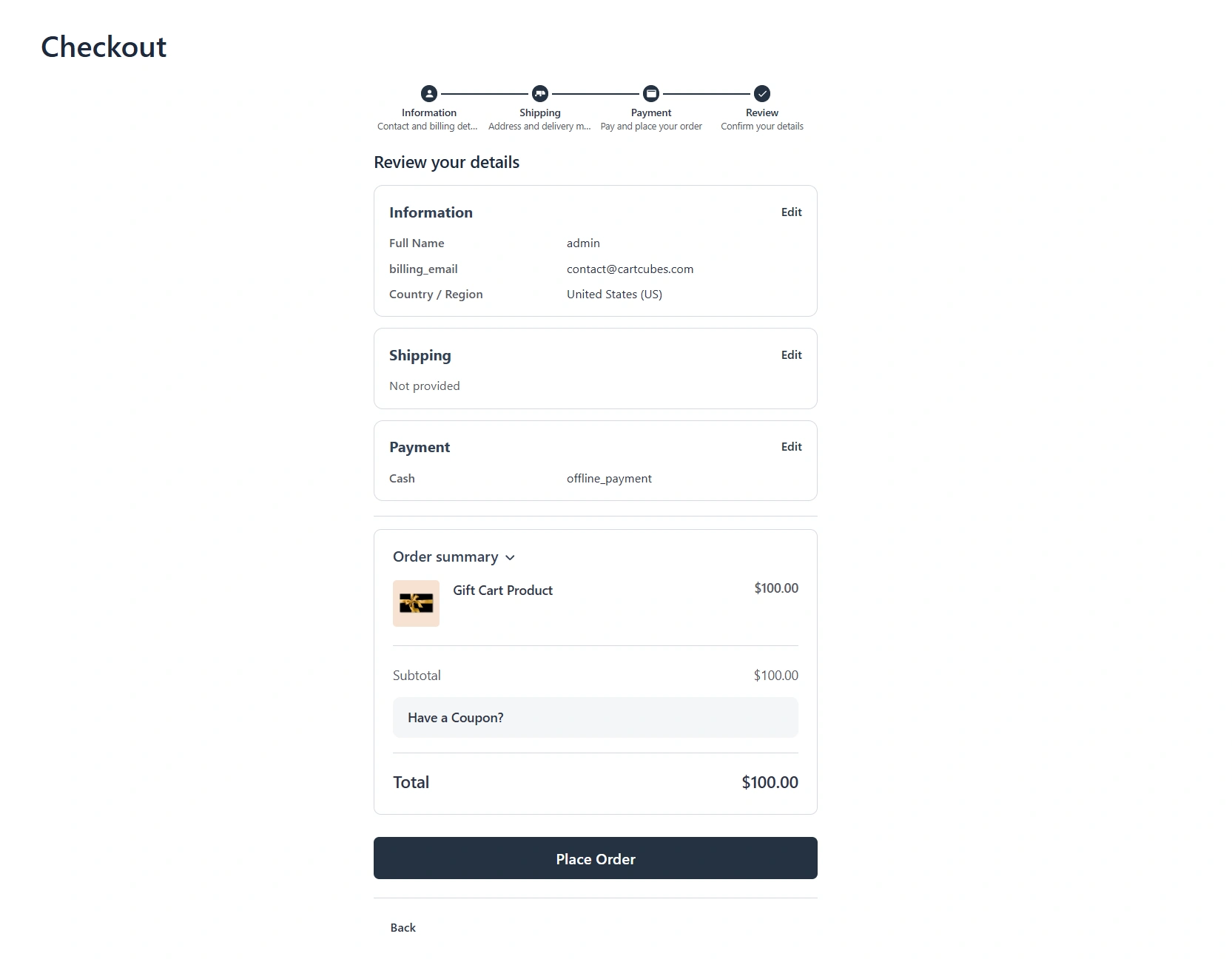 Checkout stacked in a single column: progress, form fields, then the order summary in the same flow.