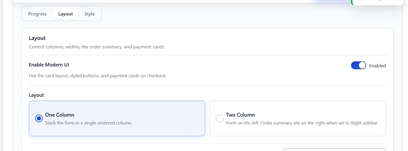 Layout set to One Column, with Checkout Max Width at 480px.