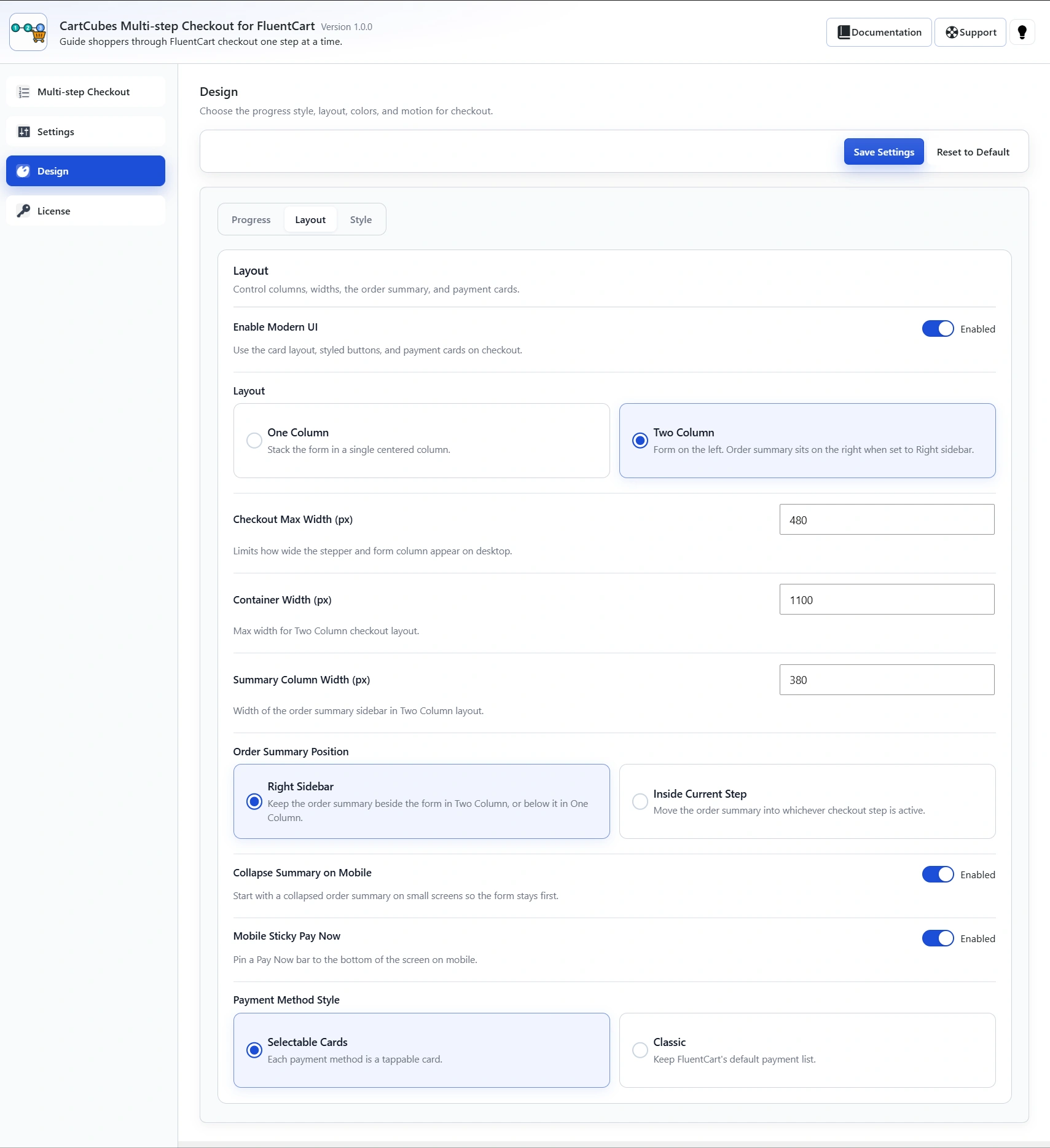 Layout tab: Enable Modern UI, Layout (One Column / Two Column), Checkout Max Width, Container Width, Summary Column Width, Order Summary Position, Collapse Summary on Mobile, Mobile Sticky Pay Now and Payment Method Style.