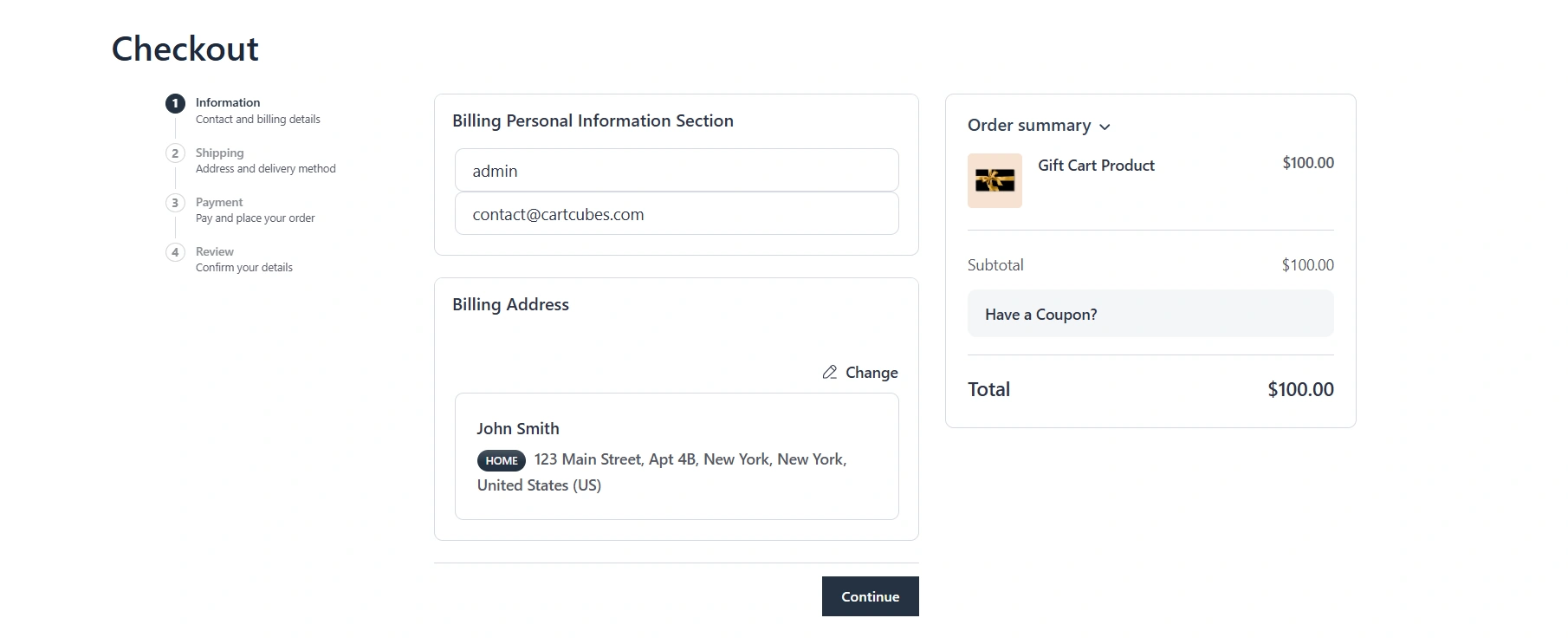 Checkout with the step list stacked to the side of the form. The current step is highlighted.