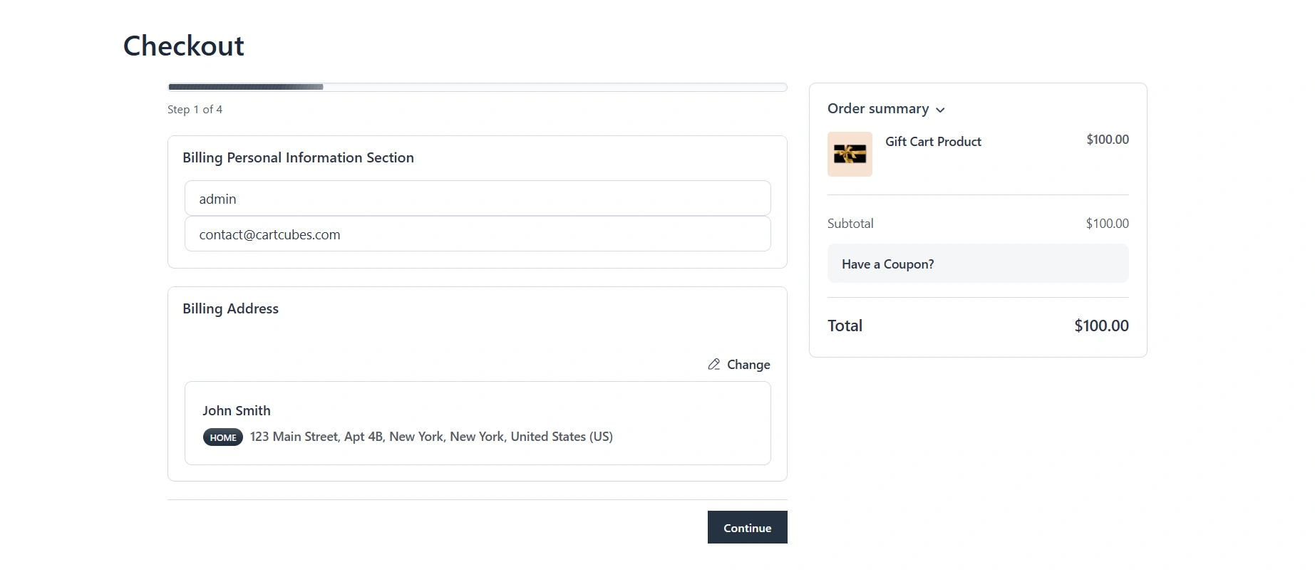 Checkout with a filled progress bar and Step X of Y above the current step.