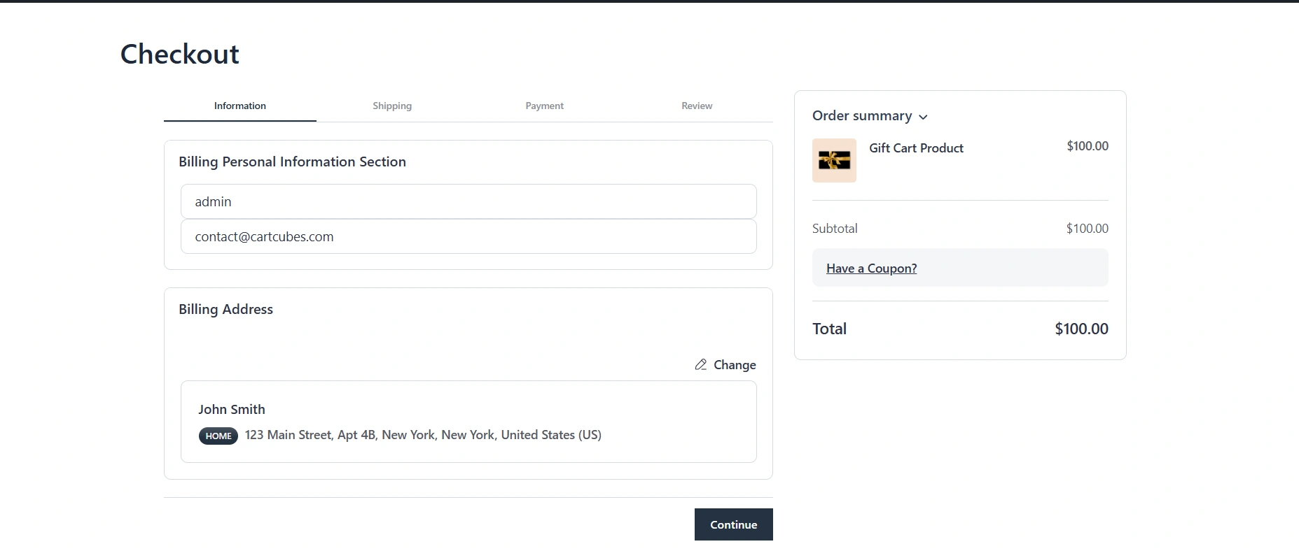 Checkout with horizontal tab-style labels for Information, Shipping and Payment.