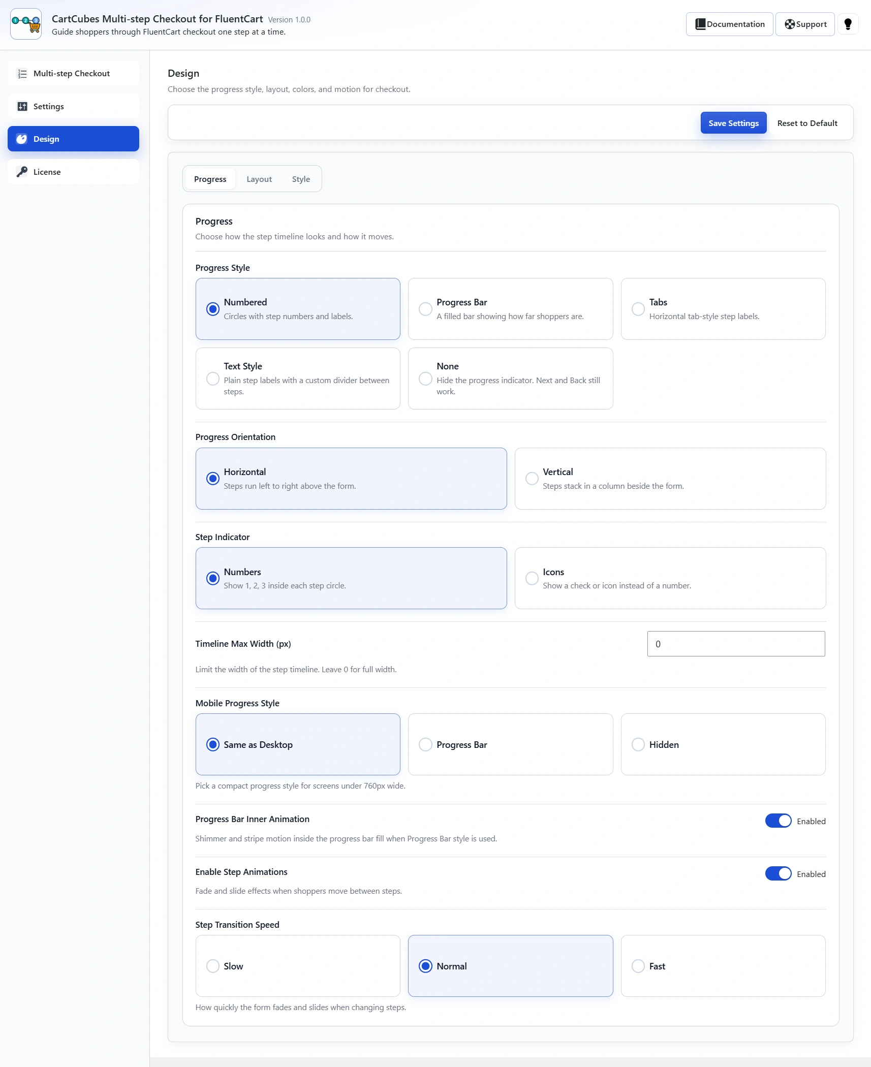 Progress tab: Progress Style (Numbered, Progress Bar, Tabs, Text Style, None), orientation, step indicator, mobile style and animation controls.