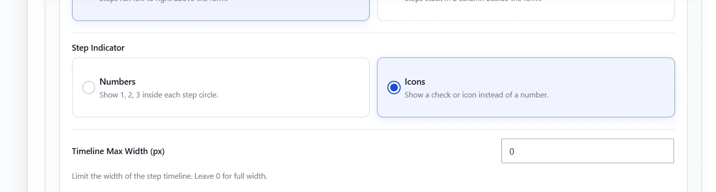 Step Indicator set to Icons instead of Numbers.