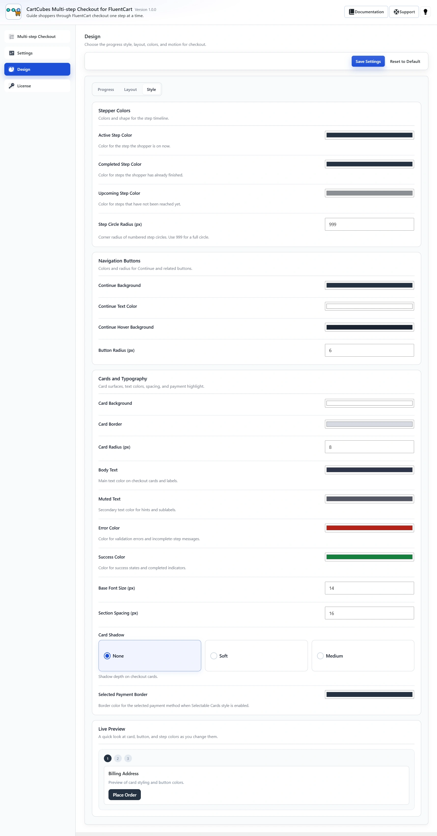 Style tab: Stepper Colors, Navigation Buttons, and Cards and Typography, with color pickers, radius fields, Card Shadow (None, Soft, Medium) and a live preview of the stepper and buttons.