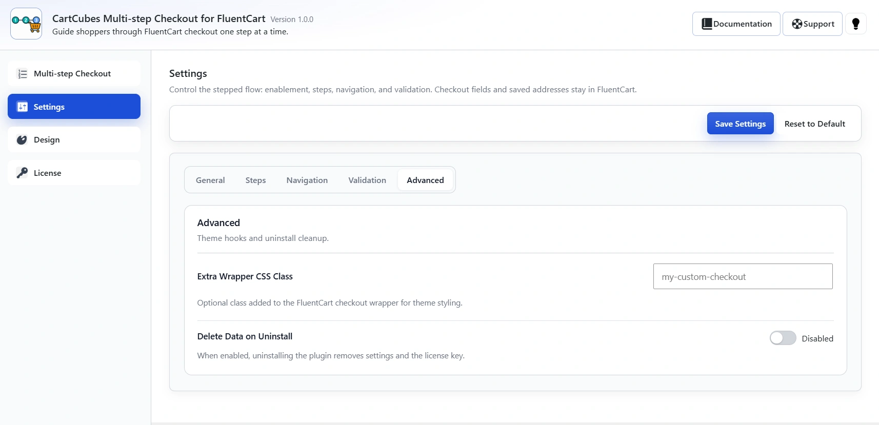 Advanced tab: Extra Wrapper CSS Class and Delete Data on Uninstall (Disabled).