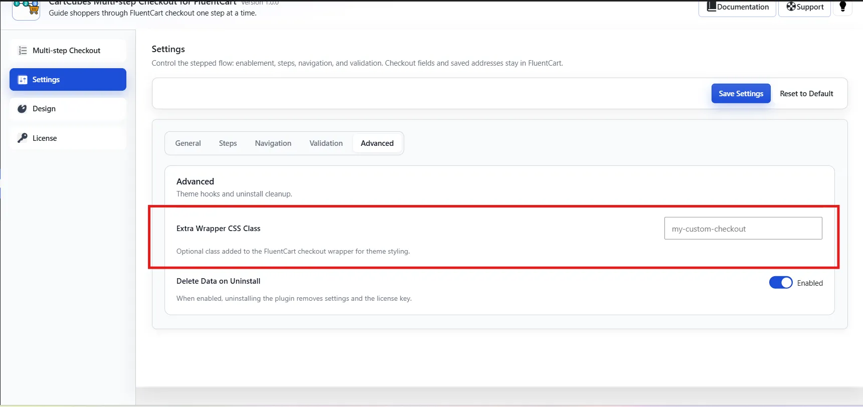 Extra Wrapper CSS Class text field. Use it to target the FluentCart checkout wrapper from your theme CSS.