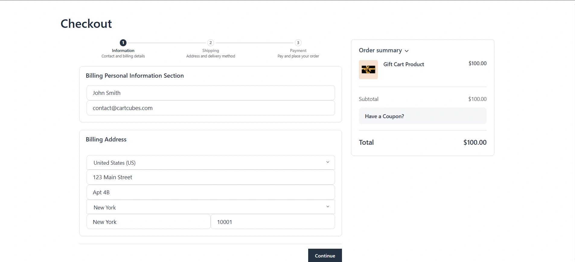 FluentCart checkout after the toggle is on: Information, Shipping and Payment with a numbered progress bar and a Continue button. Place Order stays on the last step.