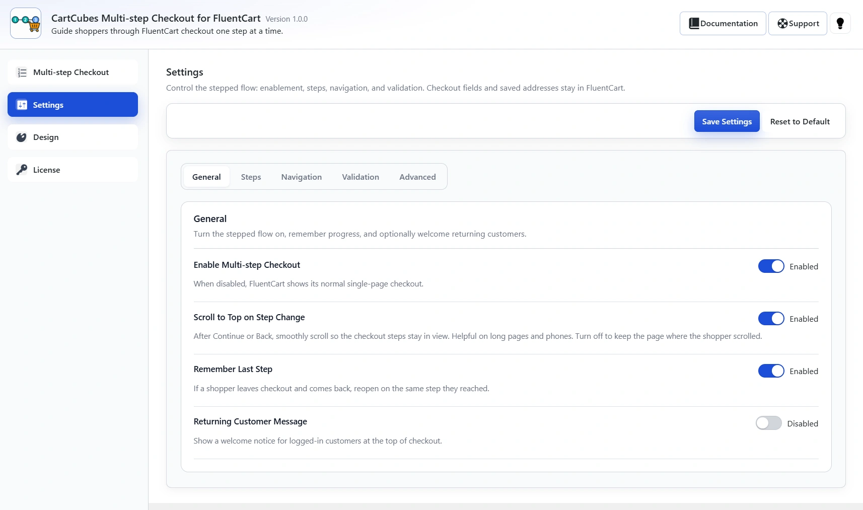 General tab: Enable Multi-step Checkout, Scroll to Top on Step Change, Remember Last Step and Returning Customer Message, with Steps, Navigation, Validation and Advanced across the top.