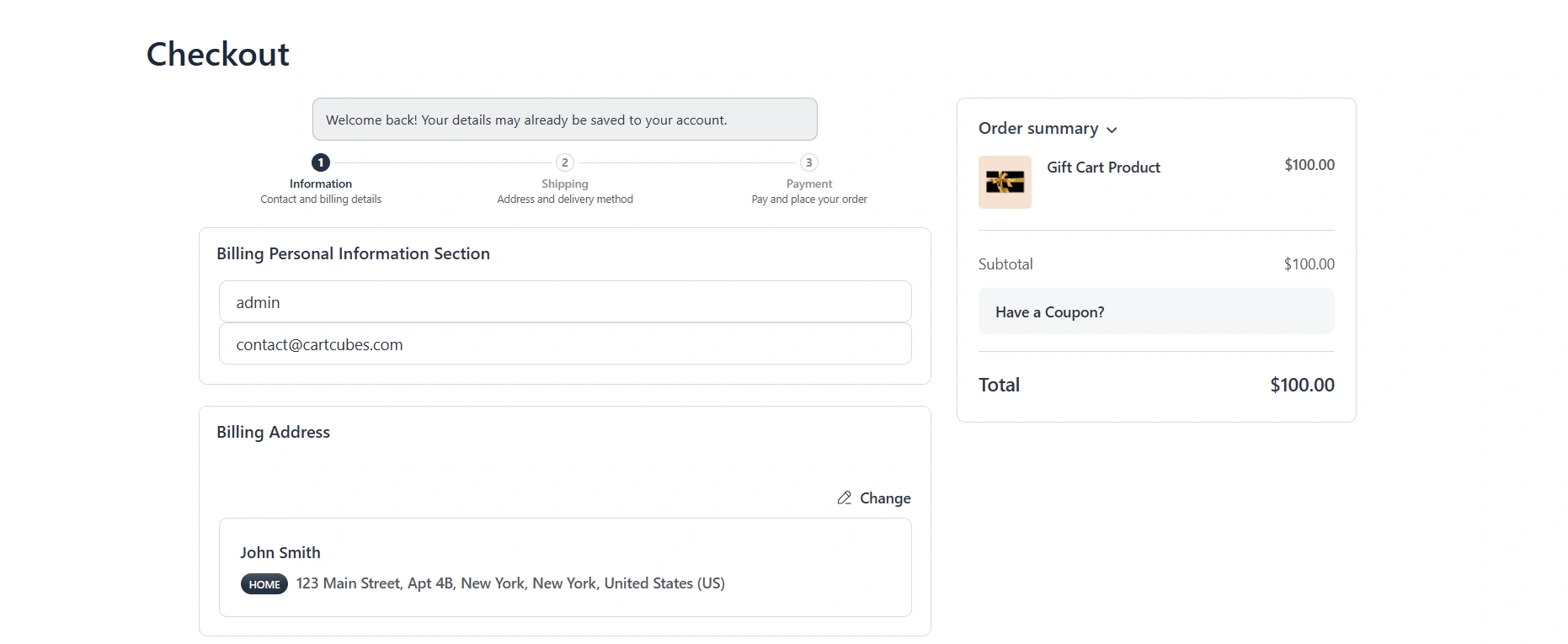 Logged-in checkout with the returning-customer notice at the top of the Information step.