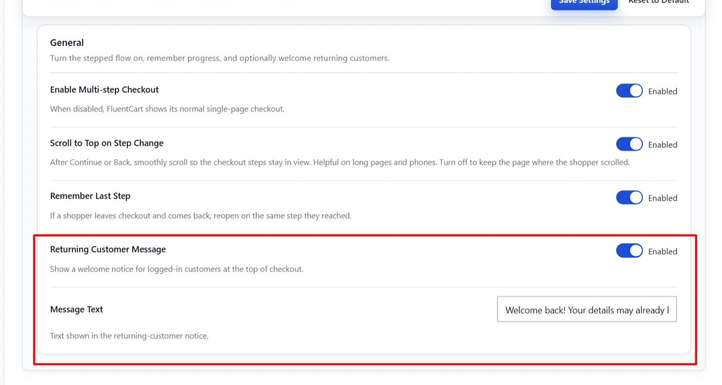 Returning Customer Message toggle (Disabled) and Message Text: Welcome back! Your details may already be saved to your account.