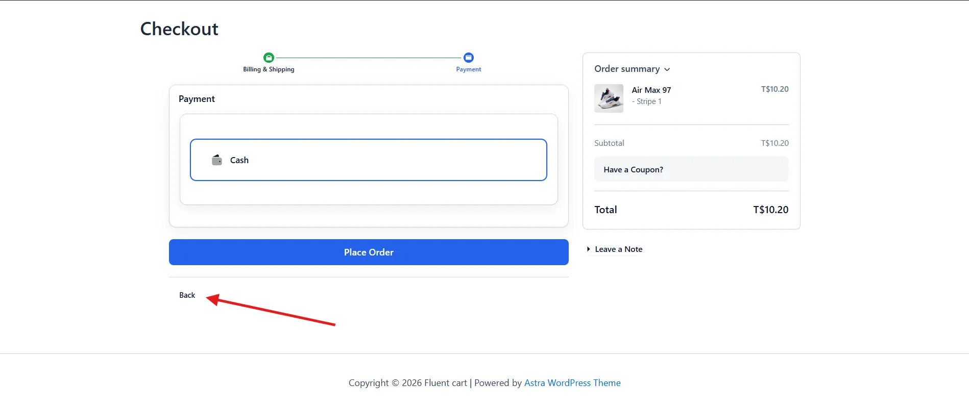Checkout footer showing Back on the left and Continue on the right of the current step.