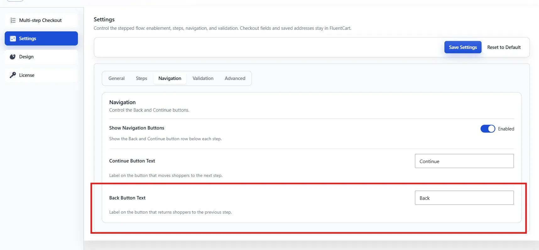 Back Button Text field with the default Back.