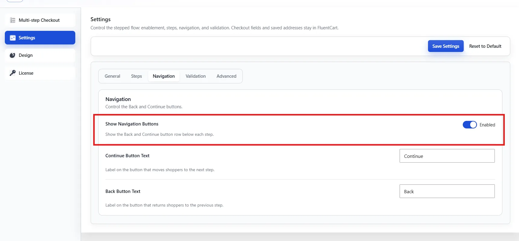 Show Navigation Buttons toggle. When it is off, shoppers still change steps from the progress control.