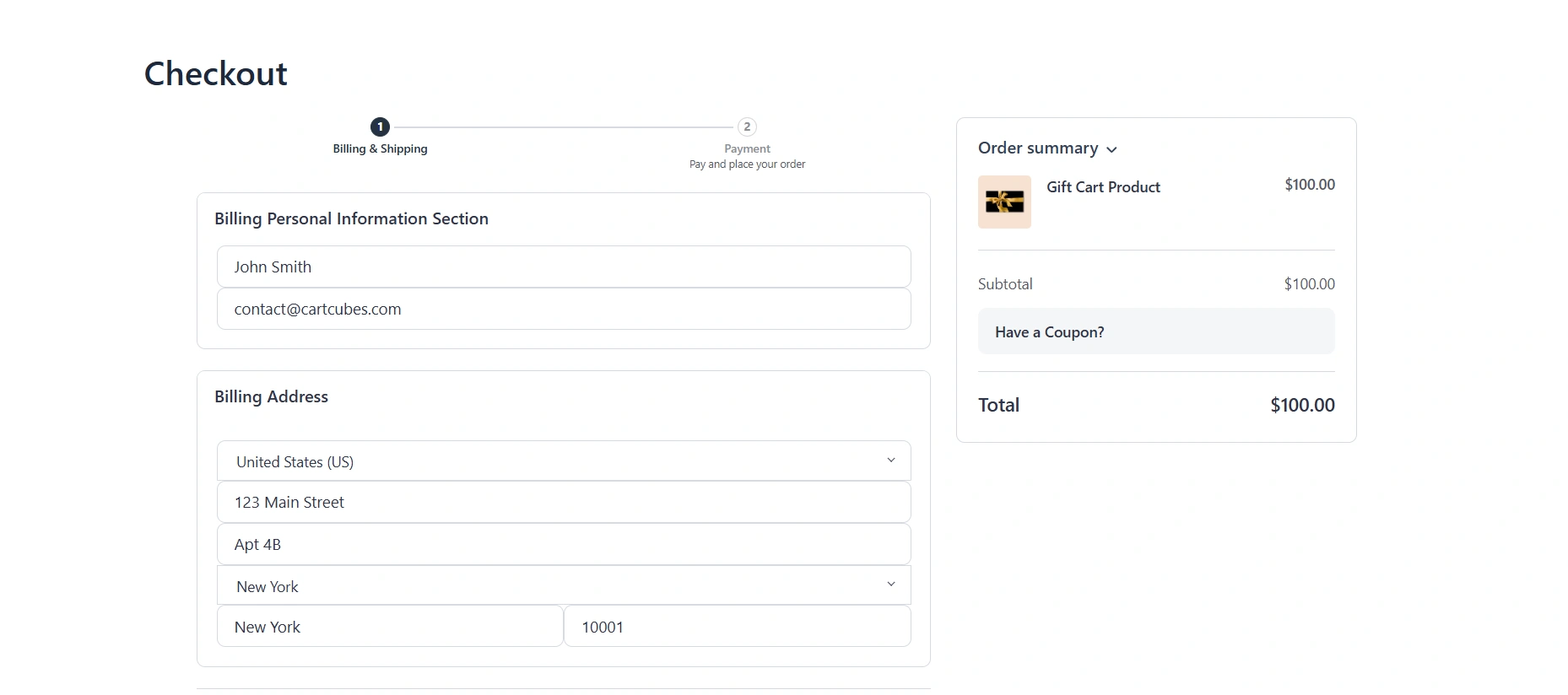 Checkout showing a combined Billing & Shipping step, then Payment. Contact, billing and shipping sit on the same screen.
