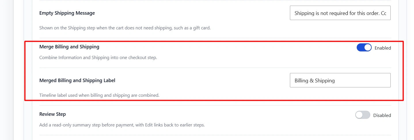 Merge Billing and Shipping toggle on, with Merged Billing and Shipping Label set to Billing & Shipping.