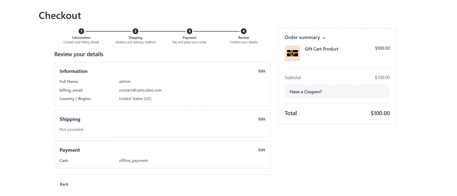 Checkout with Review as the last step: a read-only summary of the details entered, Edit links back to earlier steps, and Place Order on this screen.
