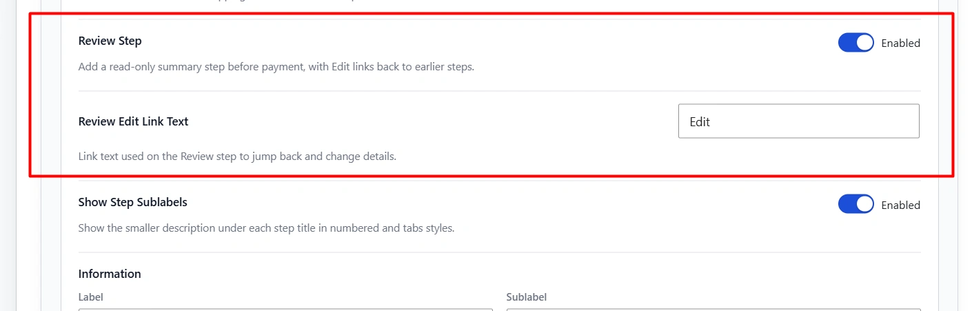 Review Step toggle with Review Edit Link Text set to Edit. When this is on, shoppers confirm details on a final step where Place Order appears.