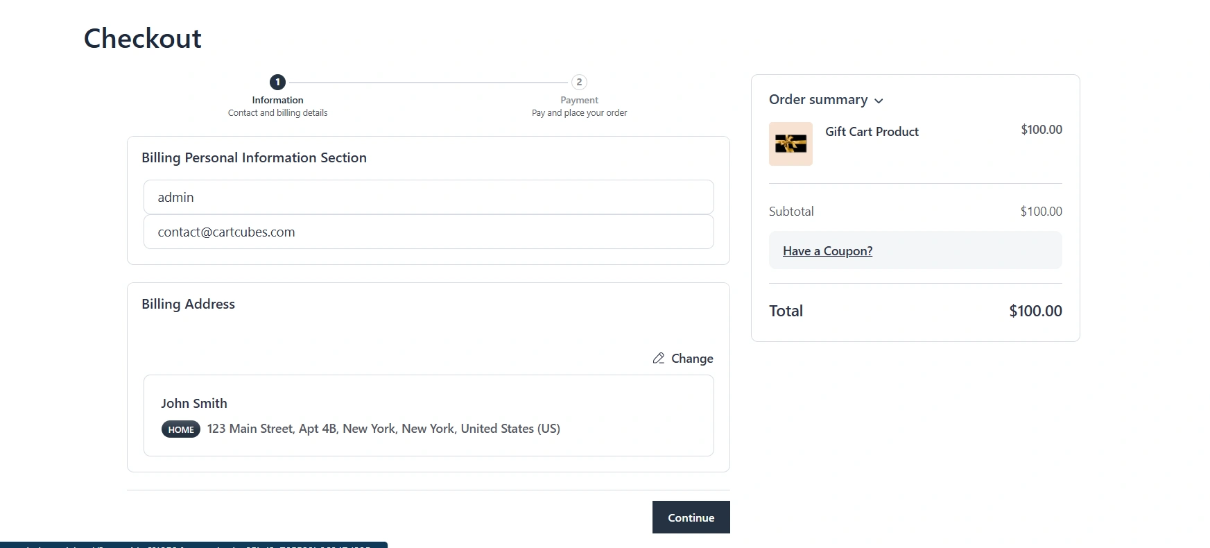 Checkout with Shipping skipped: Information then Payment. Two numbered steps instead of three.
