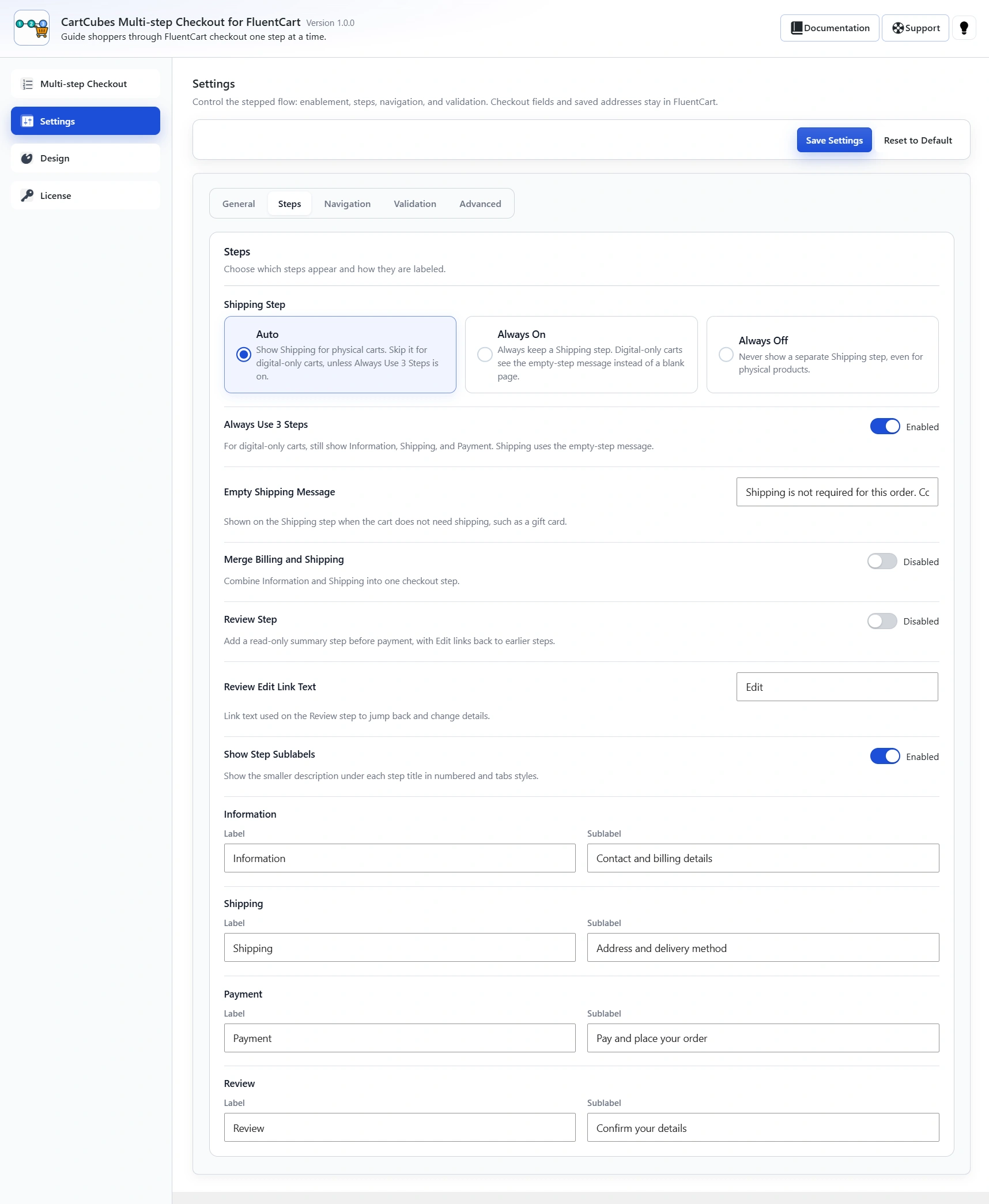 Steps tab: Shipping Step (Auto, Always On, Always Off), Always Use 3 Steps, Empty Shipping Message, Merge Billing and Shipping, Review Step, Show Step Sublabels, and Label plus Sublabel for Information, Shipping, Payment and Review.