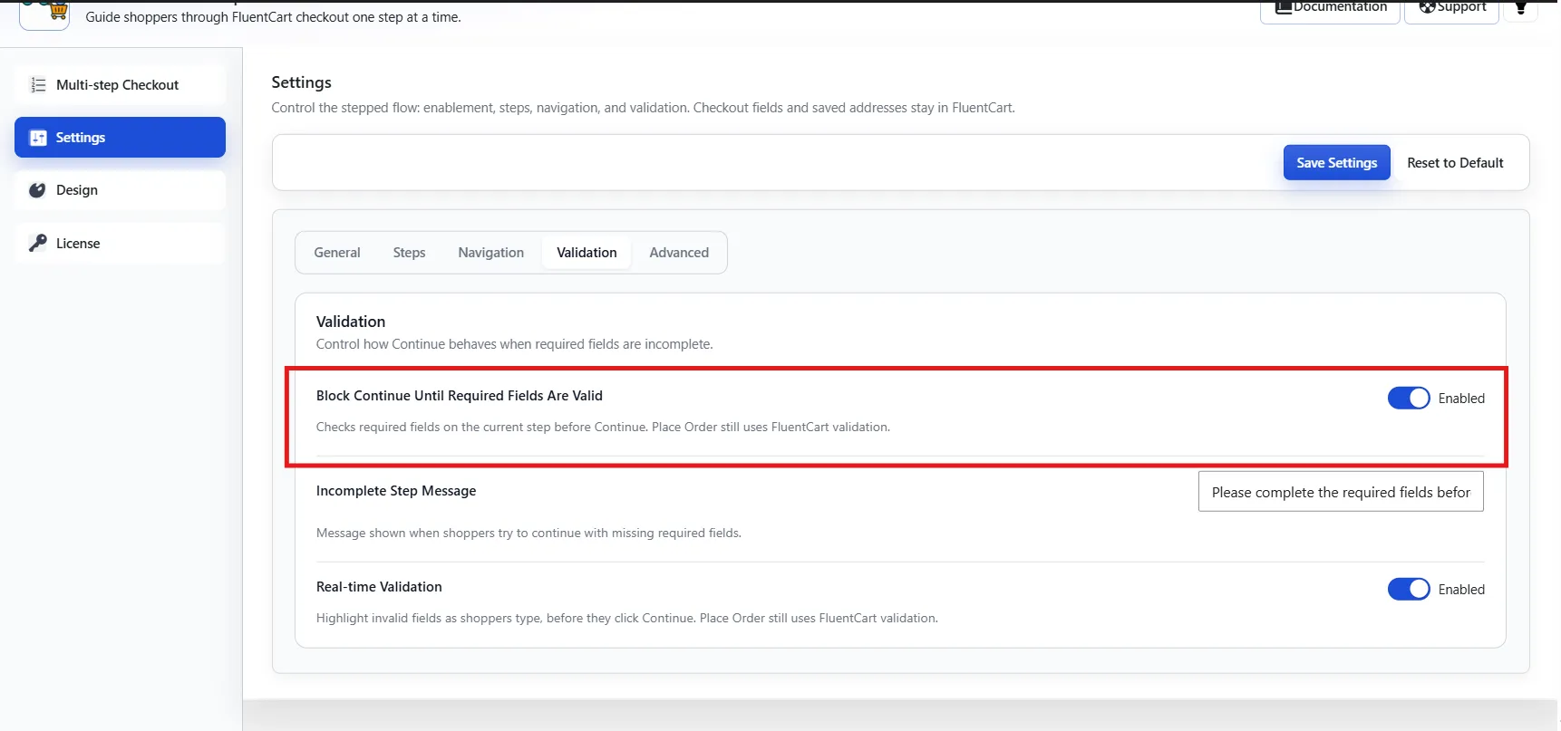 Block Continue Until Required Fields Are Valid toggle. Continue stays disabled until the current step's required fields pass client-side checks.