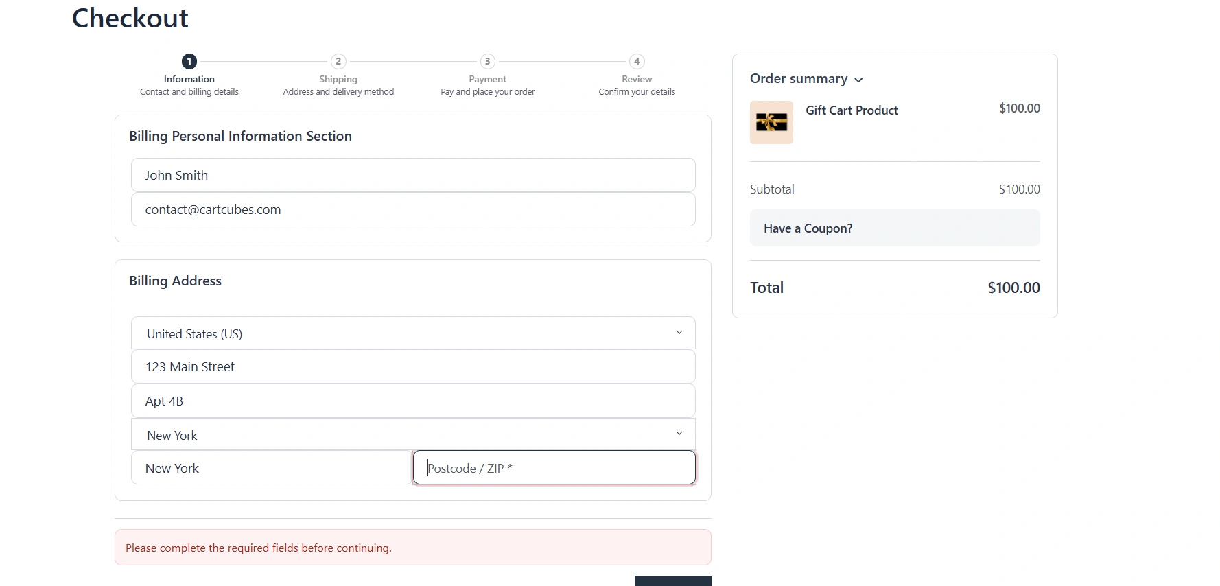 Checkout showing the incomplete-step message when Continue is clicked with required fields still empty.